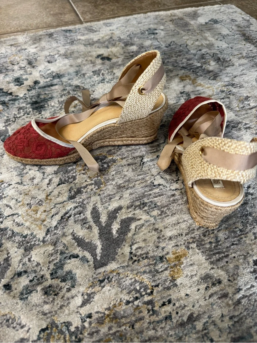 SCHUTZ Red Lace Espadrille Wedges with Tan Ankle Ties